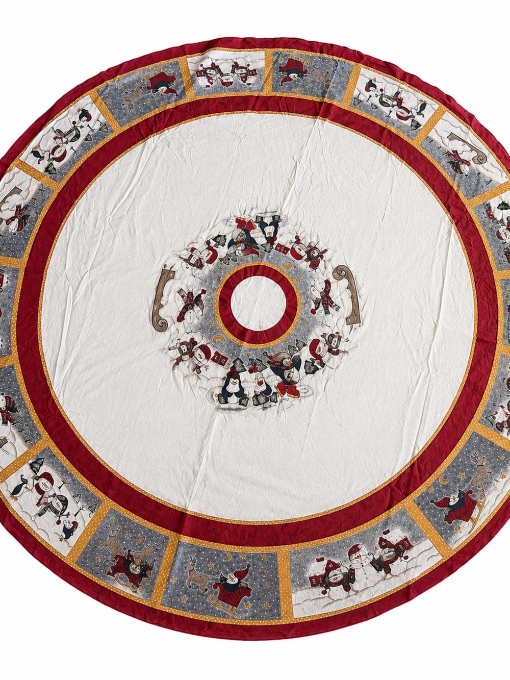Vintage Round Christmas Tablecloth 64” Snowmen Penguins Winter Holiday